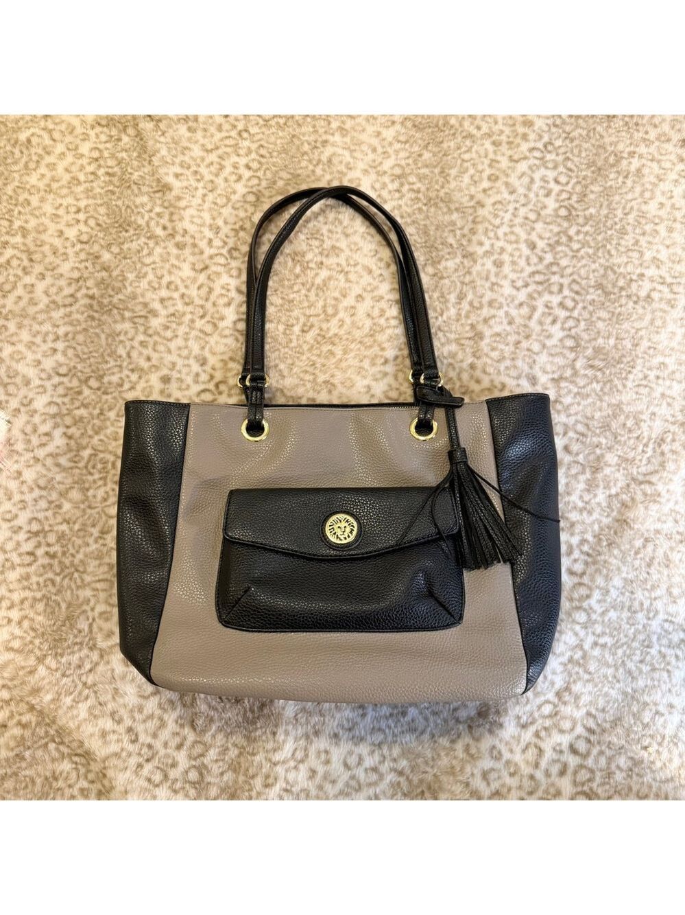 Anne Klein Black Taupe Pebbled Tote Bag Work Purse Large Tassel Officecore